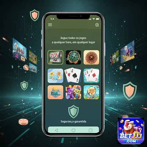 Telefone da BetJJJ destacando jogos online, uma referência ao site de apostas.